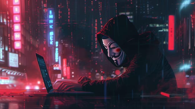 A hacker works intently on a laptop in a neon-lit urban environment, cloaked in shadows and illuminated by vibrant colors.