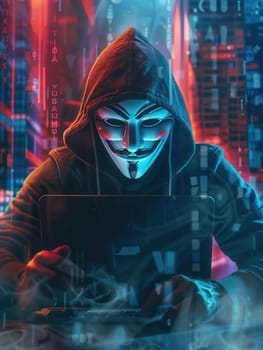 A cloaked figure intently operates a laptop, surrounded by luminous digital displays in a shadowy cyber space.