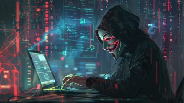 A hacker wearing a mask types on a laptop, engulfed in digital data and bright screens that illuminate the dark surroundings.