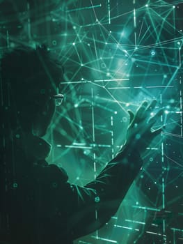 A hacker interacts with glowing data visualizations, immersed in a complex digital landscape filled with neon colors.