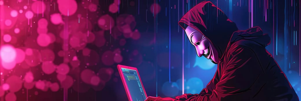 A hooded figure is focused on coding at a laptop, surrounded by vibrant neon lights, embodying a sense of mystery and digital intrigue.