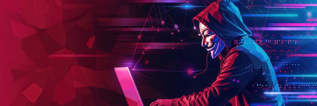 A hacker works intently on a laptop while wearing a mask, surrounded by colorful digital displays in a darkened environment.