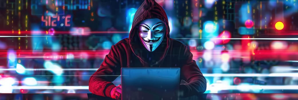 A figure wearing a mask and hoodie works intently on a laptop, immersed in vibrant digital displays and streaming data at night.