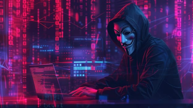 A figure in a hooded sweatshirt and mask works intently on a laptop amid vibrant digital data and code projections.