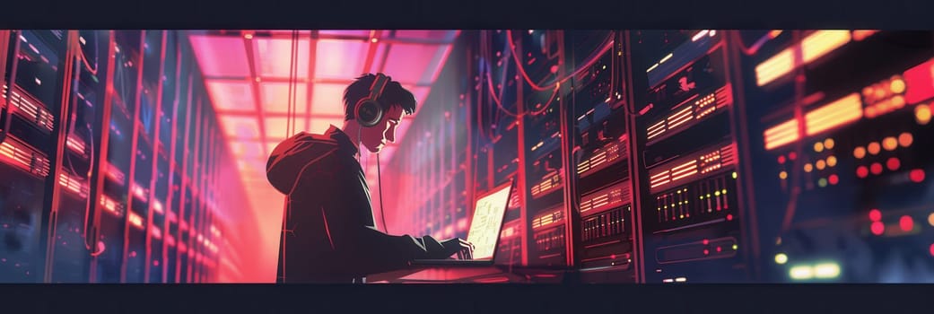A hacker focused on a laptop in a dim server room, surrounded by rows of blinking servers and colorful LED lights, working late into the night.