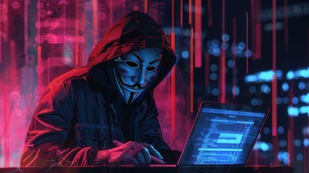 A hacker in a dark hoodie uses a laptop at night, illuminated by red and blue digital patterns in a vibrant urban setting.