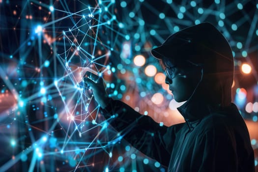 A young hacker interacts with a digital network display at night in an urban setting, showcasing advanced technology and cybersecurity skills.
