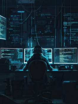 A hacker focuses intently on coding, surrounded by glowing computer monitors in a darkened room, immersed in their work during late hours.