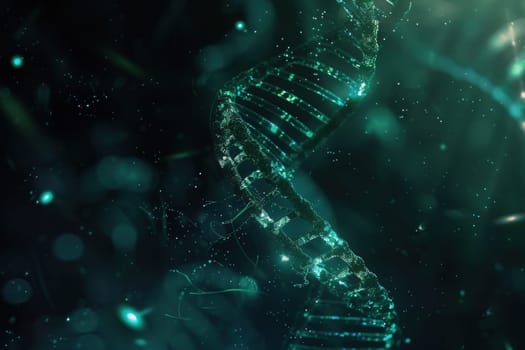 A stunning abstract backdrop showcases the intricate double helix structure of DNA surrounded by captivating colors and luminous particles.