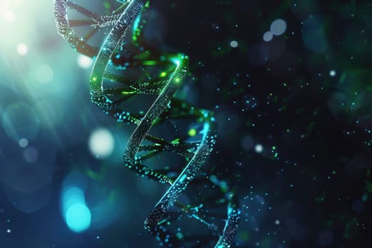 A vibrant representation of a double helix structure of DNA, illuminated by glowing particles against a dark, abstract background.