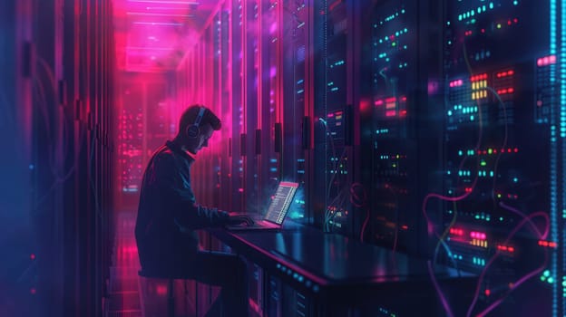 A hacker works intently on a laptop in a dimly lit server room illuminated by colorful neon lights, surrounded by rows of servers.