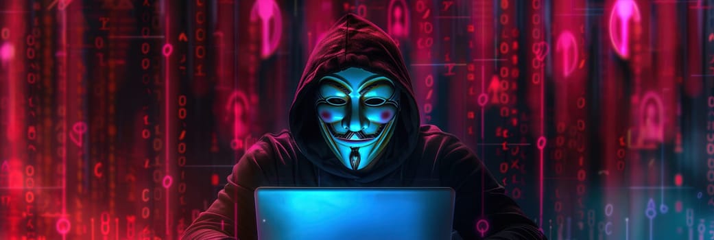 A cloaked figure focuses intently on a laptop, illuminated by a blue glow while surrounded by vibrant digital symbols in a dark environment.