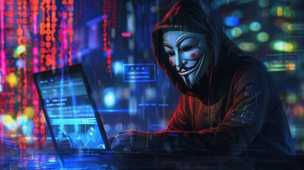 A person in a mask types on a laptop surrounded by bright, colorful codes in a dimly lit environment at night.