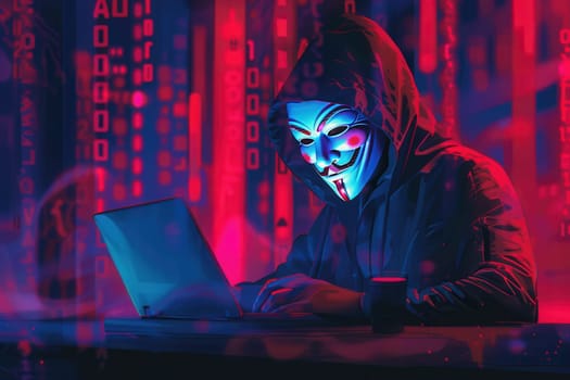 A hooded figure wearing a mask types intently on a laptop, surrounded by vibrant streams of digital code in a dark setting.