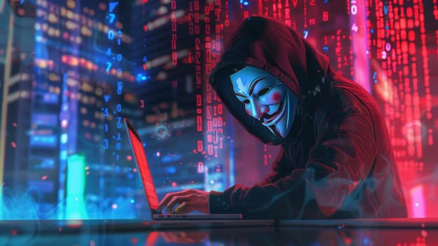 A figure in a hoodie and mask types on a laptop, illuminated by colorful digital data and city lights, evoking a sense of cyber intrigue and mystery.