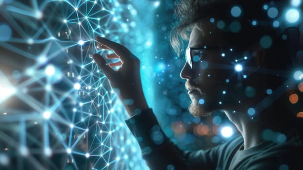 A hacker concentrates while interacting with a glowing network display in a dimly lit environment, showcasing advanced technology and intrigue.