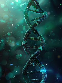 A vivid double helix structure of DNA emerges from a swirling abstract background of blue and green colors, highlighting scientific beauty and complexity.