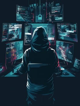 A person in a hoodie analyzes complex data on various computer screens while focusing on hacking tasks in a dimly lit room.