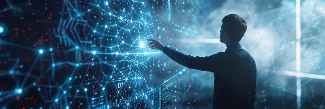 A hacker interacts with a glowing digital interface, analyzing complex data while immersed in a futuristic environment filled with visual elements.