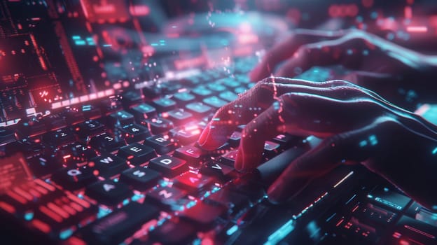 Hacker's hands move swiftly over a keyboard, surrounded by glowing digital symbols and codes in an immersive tech atmosphere.