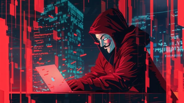 A hacker wearing a dark hoodie focuses intently on a laptop, surrounded by glowing screens and digital code in a bustling urban setting at night.