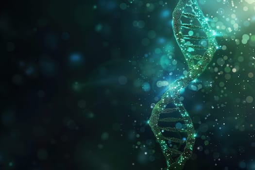 A glowing double helix DNA structure emerges against an abstract backdrop of shimmering lights and vibrant colors, conveying a sense of scientific wonder.