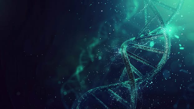 An abstract representation of a double helix DNA structure surrounded by vibrant cosmic elements, illustrating the beauty of biological science.