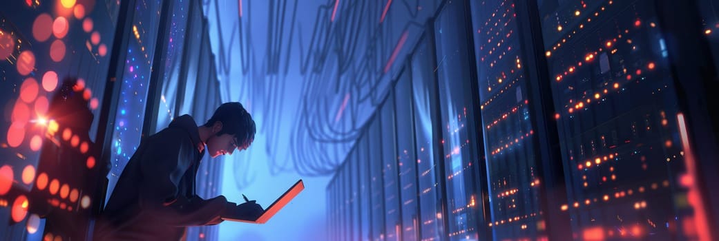 A hacker works intently on a laptop, surrounded by glowing server racks and tangled cables in a dimly lit room at night.
