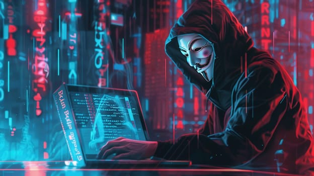 A hooded figure, wearing a mask, operates a laptop, deeply focused on hacking in a vibrant, neon-lit urban environment at night.