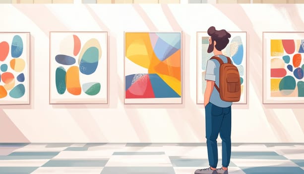 A man carrying a backpack is intently observing various paintings displayed in a museums gallery space