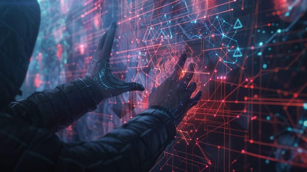 A hacker interacts with a digital interface, manipulating data patterns in a dimly lit, abandoned warehouse environment during the night.