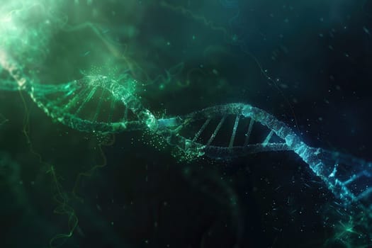 A striking abstract background showcases a vibrant blue and green double helix DNA structure, representing the essence of genetic material and biotechnology.