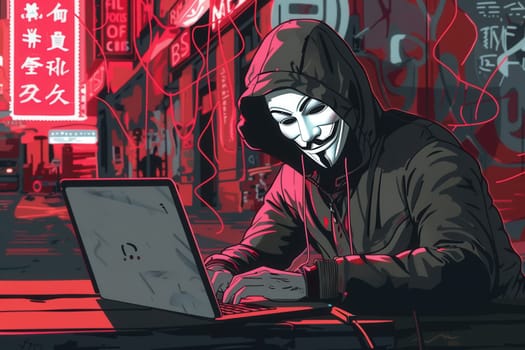 A hooded individual focused on a laptop in a vibrant urban alley, embodying the essence of cyber activity under neon lights.