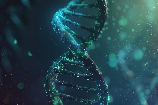An abstract representation of a double helix DNA structure surrounded by colorful particles and soft lighting, creating a captivating scientific atmosphere.