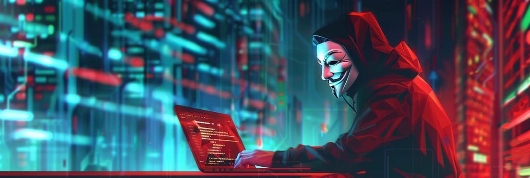 A cloaked hacker types intensely on a laptop against a backdrop of glowing skyscrapers and digital data streams.