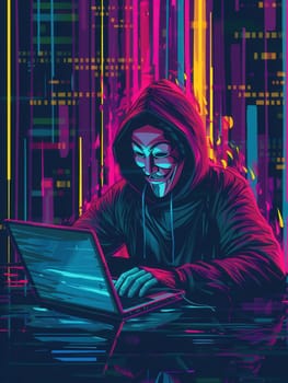 A hacker is intently working on a laptop, surrounded by vibrant neon graphics, immersed in the world of cyber activities at night.