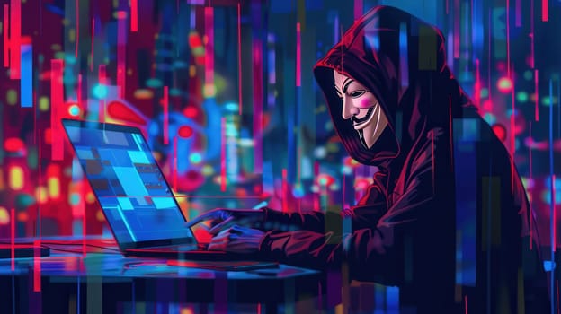 A hacker, wearing a mask and hoodie, is intensely focused on their laptop amidst vibrant digital data patterns glowing in the dark.
