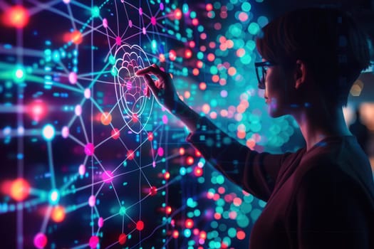 A hacker interacts with vibrant, colorful data visualizations, analyzing complex networks and algorithms in a dark, high-tech environment.