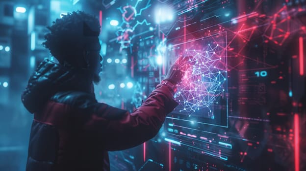A hacker interacts with a vibrant digital interface, manipulating data and visuals in a high-tech urban setting under neon lights.