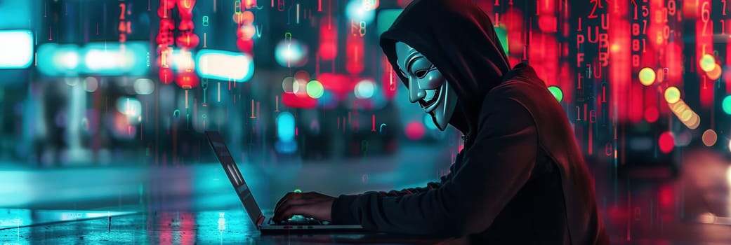 A hooded figure sits at a laptop, surrounded by neon lights, focusing intently on hacking in a bustling city at night.