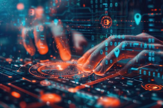 Hands move swiftly over a keyboard while digital symbols and codes float around, depicting a focused hacking session in a tech-savvy environment.