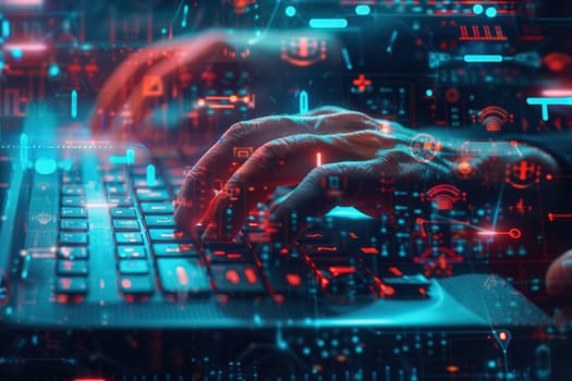 Hands expertly navigating a keyboard, illuminated by glowing digital symbols and codes, encapsulating the essence of hacking in a tech-centric world.