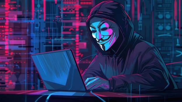 A hooded figure operates a laptop in a dimly lit room filled with digital displays, focused on their task in an enigmatic atmosphere.