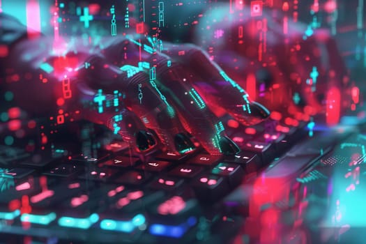 A hacker's hands swiftly typing on a keyboard, surrounded by a dynamic array of digital symbols and codes, creating an intense, high-tech atmosphere.