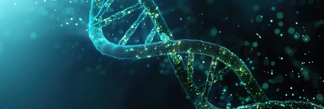 A luminous double helix structure of DNA floats in an abstract backdrop filled with glowing particles, creating a captivating scientific visualization.
