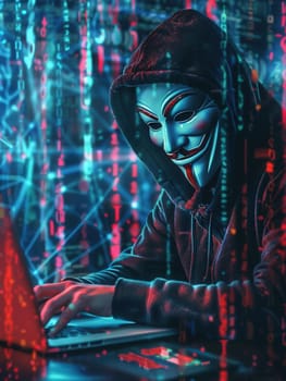 A hooded figure types on a laptop surrounded by digital code and glowing data, embodying the world of cybersecurity and hacking.