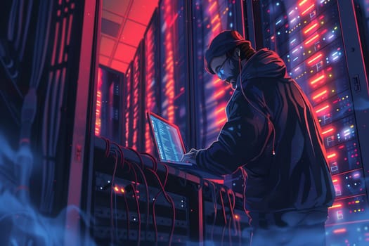 A hacker works diligently on a laptop, surrounded by vibrant server lights in a dimly lit data center, late at night.