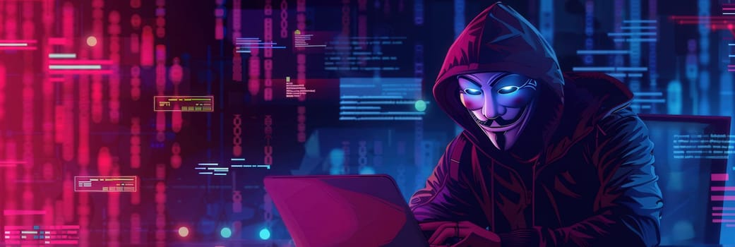 A figure wearing a mask operates a laptop, immersed in vibrant digital data and code, highlighting a world of cybersecurity and hacking activity.