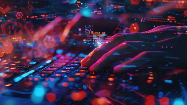 Hands rapidly type on a keyboard, surrounded by vibrant digital symbols and codes, suggesting an intense hacking session in a dimly lit space.