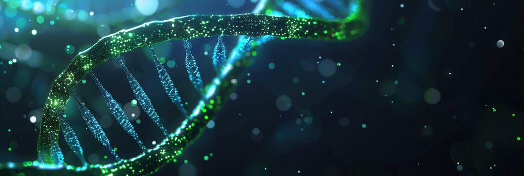 An abstract background showcases a double helix DNA structure illuminated by glowing particles against a dark backdrop.